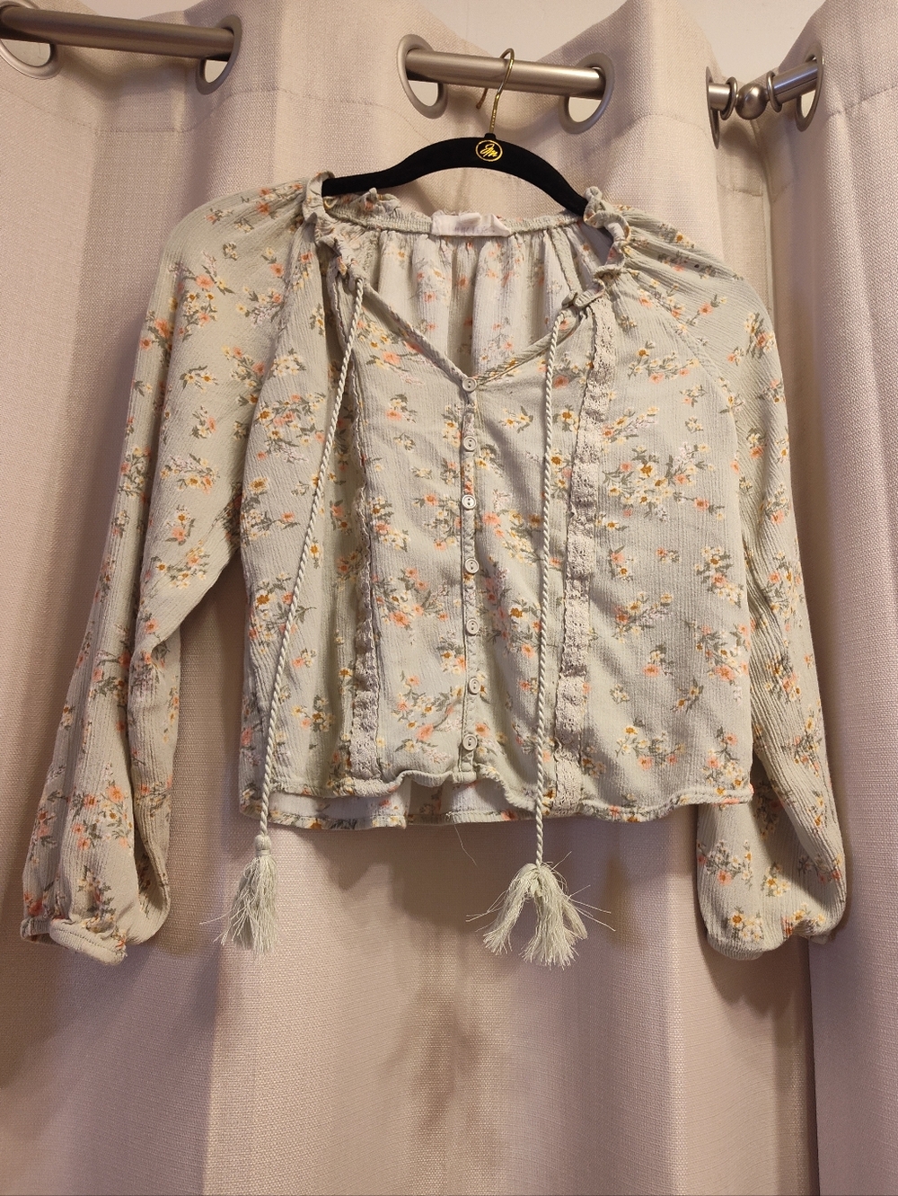 Pink Rose Light Green Floral Tie-Front Peasant Cropped Blouse Small